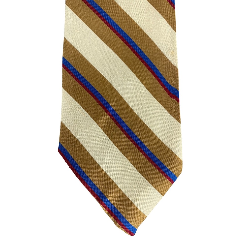 Whaling's Mens Silk Tie Gold Cream Blue Burgundy Striped Professional 57x4